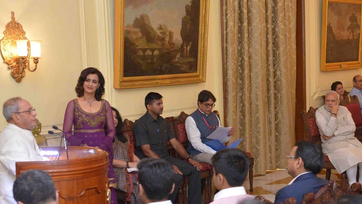 Shivani presenting President Pranab Mukherjee's Coffee Table Book Launch by Prime Minister Narendra Modi at Rashtrapati Bhawan, New Delhi